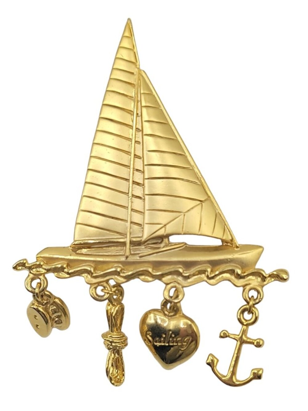 JJ Jonette Jewelry Sailboat Anchor Heart Charm Brooch. Signed